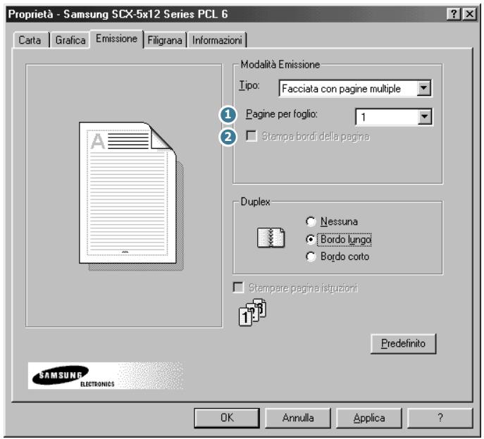 Proprietà - Samsung SCX-5x12 Series PCL 6 Carta Grafica Emissione Filigrana Informazioni Modalità Emissione Tipo: Facciata con pagine multiple Pagine per foglio: 1 Stampe bordi della pagina Duplex Nessuna Bordo lungo Bordo corto Stampare pagina istruzioni Predefinito SAMSUNG ELECTRONICS OK Annulla Applica ?