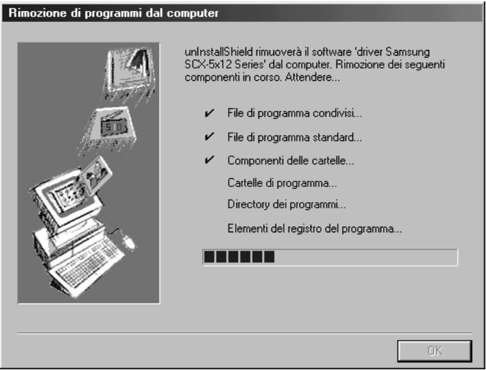 Rimozione di programmi dal computer unInstallShield rimuoverà il software 'driver Samsung SCX-5x12 Series' dal computer. Rimozione dei seguenti componenti in corso. Attendere... ✓ File di programma condivisi... ✓ File di programma standard... ✓ Componenti delle cartelle... Cartelle di programma... Directory dei programmi... Elementi del registro del programma... OK