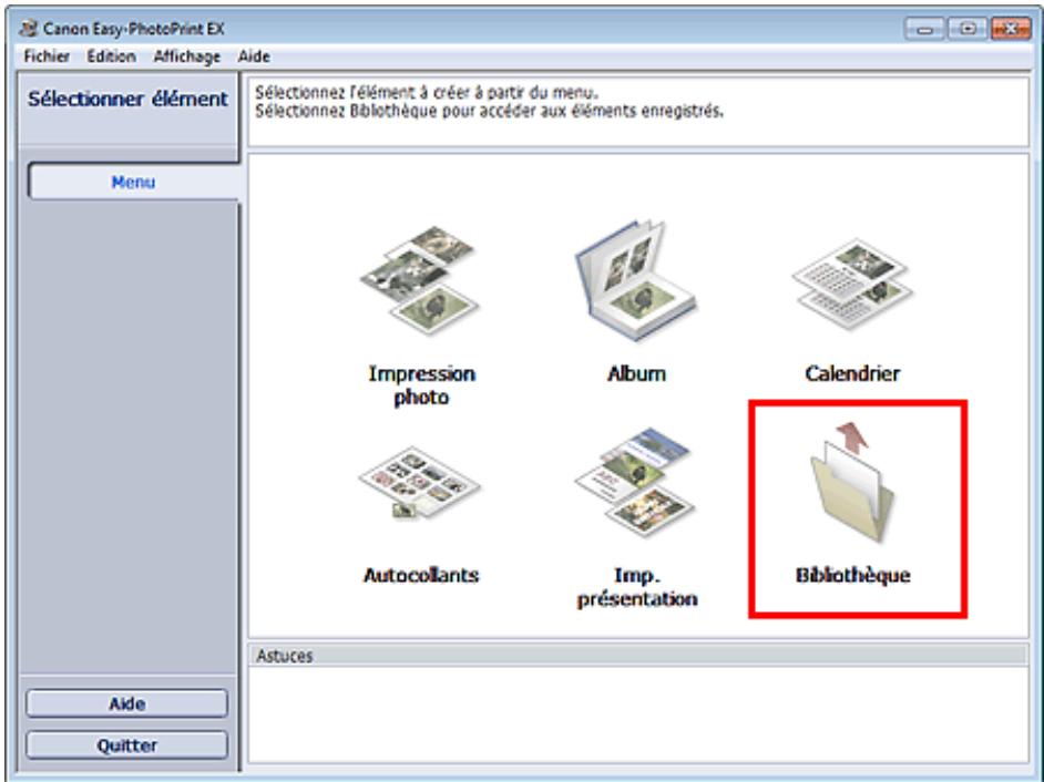 CANON PIXMA MX495 - Cliquez sur Bibliothèque sous Menu. - 1