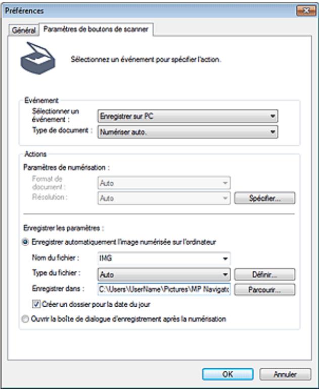 CANON PIXMA MX495 - Onglet Paramètres de boutons de scanner (Enregistrer sur PC) - 1