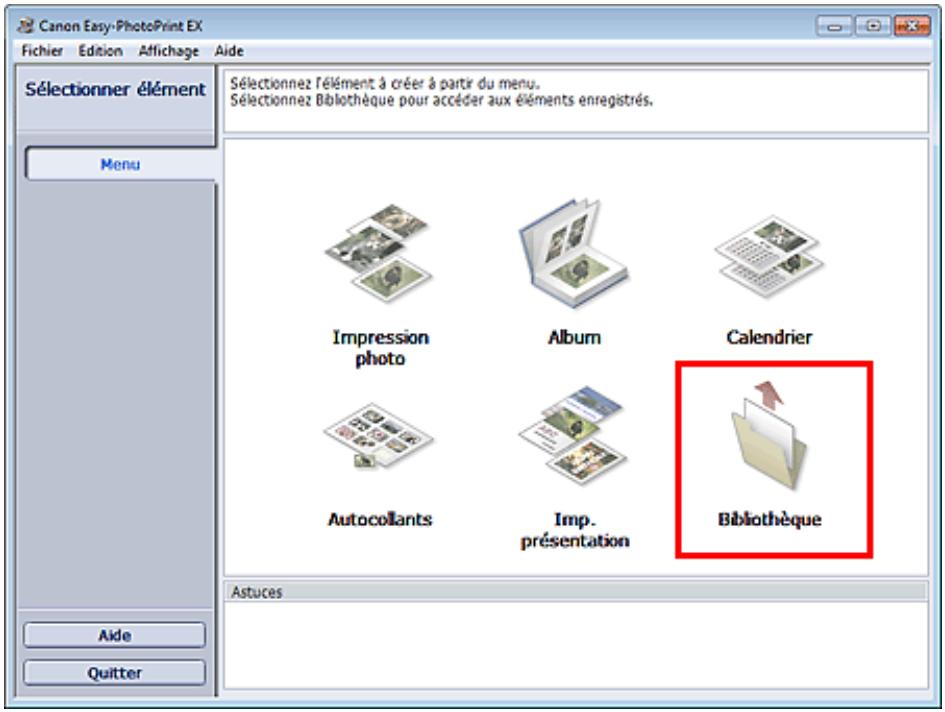 CANON PIXMA MX495 - Cliquez sur Bibliothèque sous Menu. - 1