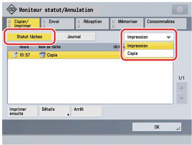 CANON IMAGERUNNER ADVANCE C5030I - Appuyer sur [Statut tâches] → désir dans la liste déroulante le type de tâche pour lequel le journal est à vérifier. - 1