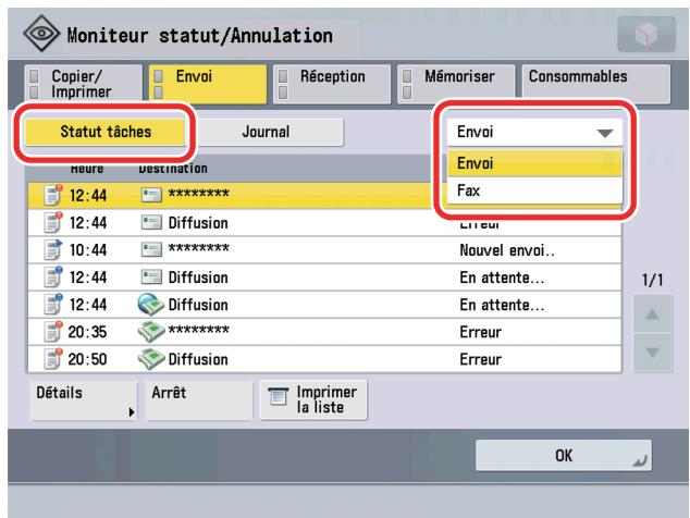 CANON IMAGERUNNER ADVANCE C5030I - Appuyer sur [Statut tâches] → désir dans la liste déroulante le type de tâche pour lequel le journal est à vérifier. - 1