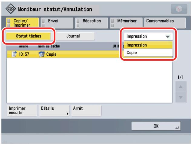 CANON IMAGERUNNER ADVANCE C5030I - Appuyer sur [Statut tâches] → désir dans la liste déroulante le type de tâche pour lequel le journal est à vérifier. - 1