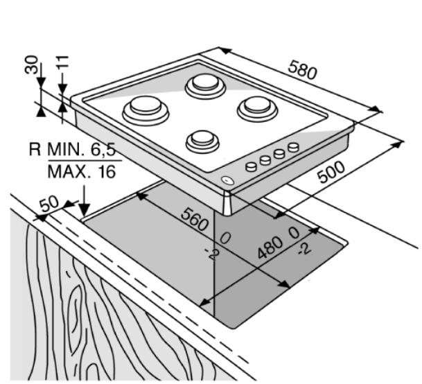 WHIRLPOOL AKM 202/IX  - GUIDE D'INSTALLATION - Dimensions de la table de cuisson et du plan de travail (mm) - 1