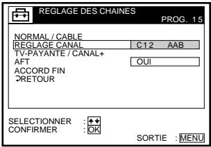 REGLAGE DES CHAINES PROG. 15 NORMAL / CABLE C12 AAB REGLAGE CANAL TV-PAYANTE / CANAL+ AFT QUI ACCORD FIN PRETOUR SELECTIONNER : ★★ CONFIRMER : OK SORTIE : MENU