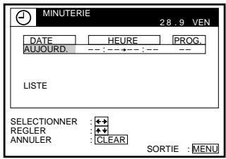 MINUTERIE 28.9 VEN DATE HEURE PROG. AUJOURD.-----:---+---:--- LISTE SELECTIONNER :● REGLER :● ANNULER :CLEAR SORTIE :MENU