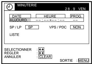 MINUTERIE DATE HEURE PROG. AUJOURD. --:----:---:--- SP / LP SP VPS / PDC NON LISTE SELECTIONNER :◆◆ REGLER :◆◆ ANNULER :CLEAR SORTIE :MENU