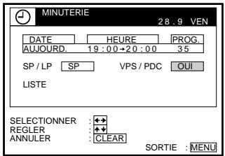 MINUTERIE DATE HEURE PROG. ALUOURD. 19:00+20:00 35 SP / LP SP VPS / PDC QUI LISTE SELECTIONNER :◆◆ REGLER :◆◆ ANNULER :CLEAR SORTIE :MENU