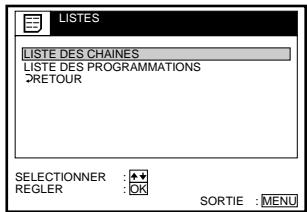LISTES LISTE DES CHAINES LISTE DES PROGRAMMATIONS RETOUR SELECTIONNER :♠ REGLER :OK SORTIE :MENU