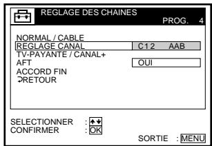 REGLAGE DES CHAINES PROG. 4 NORMAL / CABLE C12 AAB REGLAGE CANAL TV-PAYANTE / CANAL+ AFT OUI ACCORD FIN PRETOUR SELECTIONNER : ★★ CONFIRMER : OK SORTIE : MENU