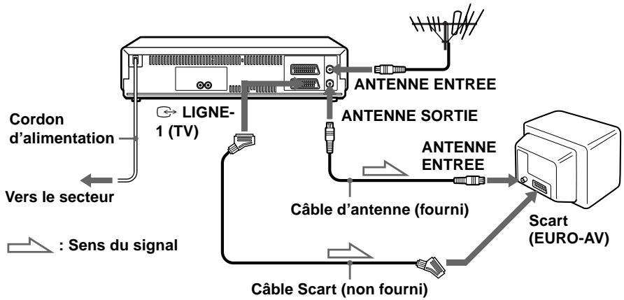 Cordon d'alimentation Vers le secteur : Sens du signal LIGNE-1 (TV) ANTENNE ENTREE ANTENNE SORTIE Câble d'antenne (fourni) ANTENNE ENTREE Scart (EURO-AV) Câble Scart (non fourni)