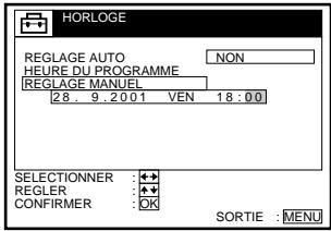 HORLOGE REGLAGE AUTO NON HEURE DU PROGRAMME REGLAGE MANUEL 28. 9.2001 VEN 18:00 SELECTIONNER : + REGLER : + CONFIRMER : OK SORTIE : MENU