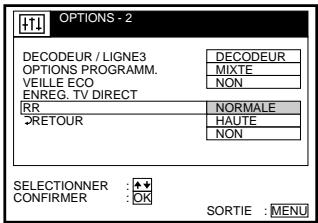 OPTIONS - 2 DECODEUR / LIGNE3 DECODEUR MIXTE OPTIONS PROGRAMM. NON VEILLE ECO ENREG. TV DIRECT RR NORMALE RETOUR HAUTE NON SELECTIONNER : ▲ CONFIRMER : OK SORTIE : MENU