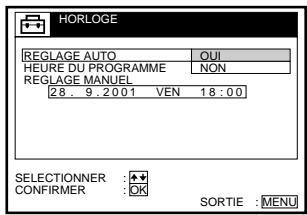 HORLOGE REGLAGE AUTO OUI HEURE DU PROGRAMME NON REGLAGE MANUEL 28 9.2001 VEN 18:00 SELECTIONNER : + CONFIRMER : OK SORTIE : MENU