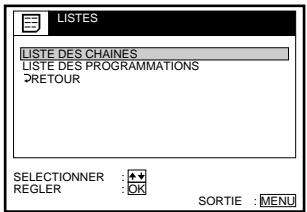 LISTES LISTE DES CHAINES LISTE DES PROGRAMMATIONS PRETOUR SELECTIONNER : + REGLER : OK SORTIE : MENU