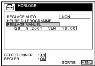 HORLOGE REGLAGE AUTO NON HEURE DU PROGRAMME REGLAGE MANUEL 28. 9.2001 VEN 18:00 SELECTIONNER : + REGLER : OK SORTIE : MENU