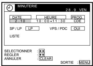 MINUTERIE 28.9 VEN DATE HEURE PROG. 2 .10 10 : 00 + 11 : 30 CDE SP / LP LP VPS / PDC QUI LISTE SELECTIONNER :← REGLER :← ANNULER :CLEAR SORTIE :MENU