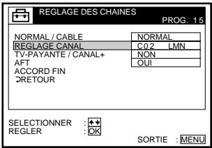REGLAGE DES CHAINES PROG. 15 NORMAL / CABLE NORMAL REGLAGE CANAL C02 LMN TV-PAYANTE / CANAL+ NON AFT OUI ACCORD FIN RETOUR SELECTIONNER : ★★ REGLER : OK SORTIE : MENU