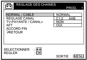 REGLAGE DES CHAINES PROG. 1 NORMAL / CABLE NORMAL REGLAGE CANAL C1.2 AAB TV-PAYANTE / CANAL+ NON AFT OUI ACCORD FIN PRETOUR SELECTIONNER : ★★ REGLER : OK SORTIE : MENU