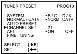 TUNER PRESET PROG10 SYSTEM • B / G D / K NORMAL / CATV • NORM CATV AUTO PRESET ▶ CHANNEL SET 21 AFT • ON OFF FINE TUNING SELECT : [◆↓] SET : [◆◆]