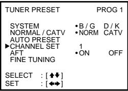 TUNER PRESET PROG 1 SYSTEM • B / G D / K NORMAL / CATV • NORM CATV AUTO PRESET ▶ CHANNEL SET 1 AFT • ON OFF FINE TUNING SELECT : [♠♦] SET : [♦♦]