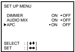 SET UP MENU DIMMER ON •OFF AUDIO MIX ON •OFF ▶APC •ON OFF SELECT : [♦♦♦] SET : [♦♦♦]