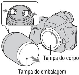 SONY A37, ALPHA SLT-A37 - Remova a tampa do corpo da câmara e a tampa de embalagem da parte traseira da objectiva. - 1