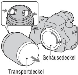 SONY A37, ALPHA SLT-A37 - Nehmen Sie den Gehäusedeckel von der Kamera und den Transportdeckel von der Rückseite des Objektivs ab. - 1