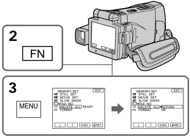 2 FN 3 MENU MEMORY SET EXIT STILL SET MOVIE SET SLIDE SHOW FILE NO. DELETE ALL READY ETC FORMAT ↓ ↑ EXEC ←RET. → MEMORY SET EXIT STILL SET MOVIE SET SLIDE SHOW FILE NO. DELETE ALL RETURN ETC FORMAT OK ↓ ↑ EXEC ←RET.