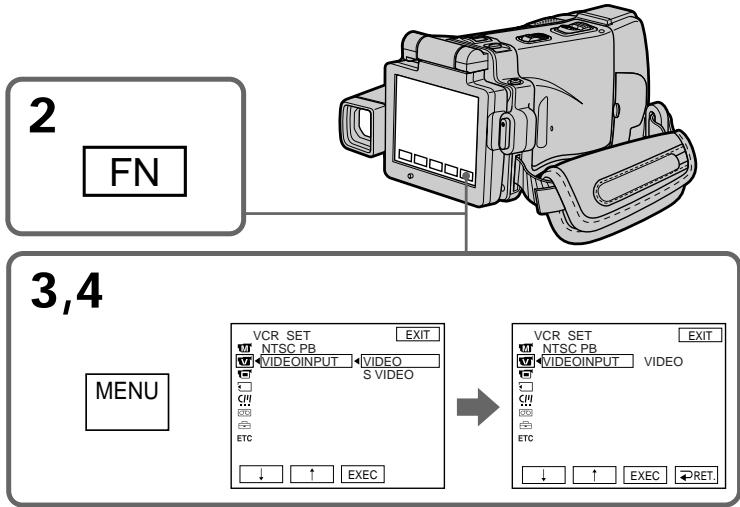 2 FN 3,4 MENU VCR SET EXIT NTSC PB VIDEOINPUT VIDEO S VIDEO ↓ ↑ EXEC VCR SET EXIT NTSC PB VIDEOINPUT VIDEO ↓ ↑ EXEC ←RET