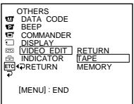 OTHERS DATA CODE BEEP COMMANDER DISPLAY VIDEO EDIT RETURN INDICATOR TAPE ETC RETURN MEMORY [MENU] : END