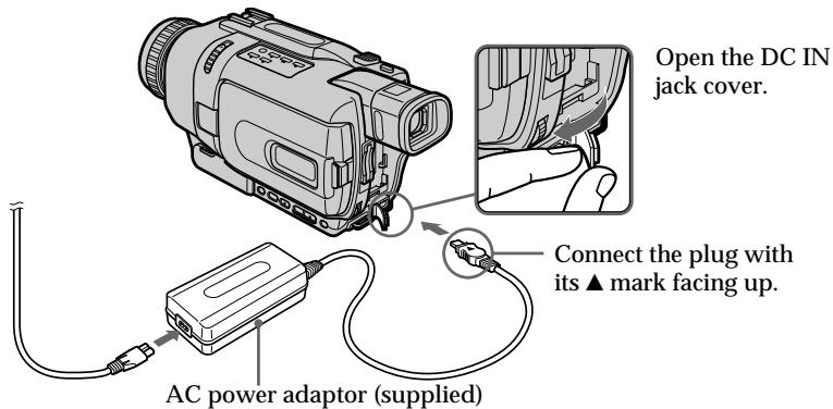 Open the DC IN jack cover. Connect the plug with its ▲ mark facing up. AC power adaptor (supplied)