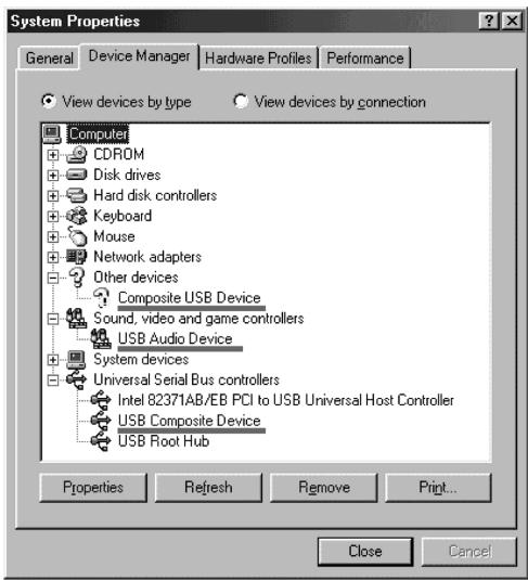 System Properties General Device Manager Hardware Profiles Performance View devices by type View devices by connection Computer CDROM Disk drives Hard disk controllers Keyboard Mouse Network adapters Other devices Composite USB Device Sound, video and game controllers USB Audio Device System devices Universal Serial Bus controllers Intel 82371AB/EB PCI to USB Universal Host Controller USB Composite Device USB Root Hub Properties Refresh Remove Print... Close Cancel