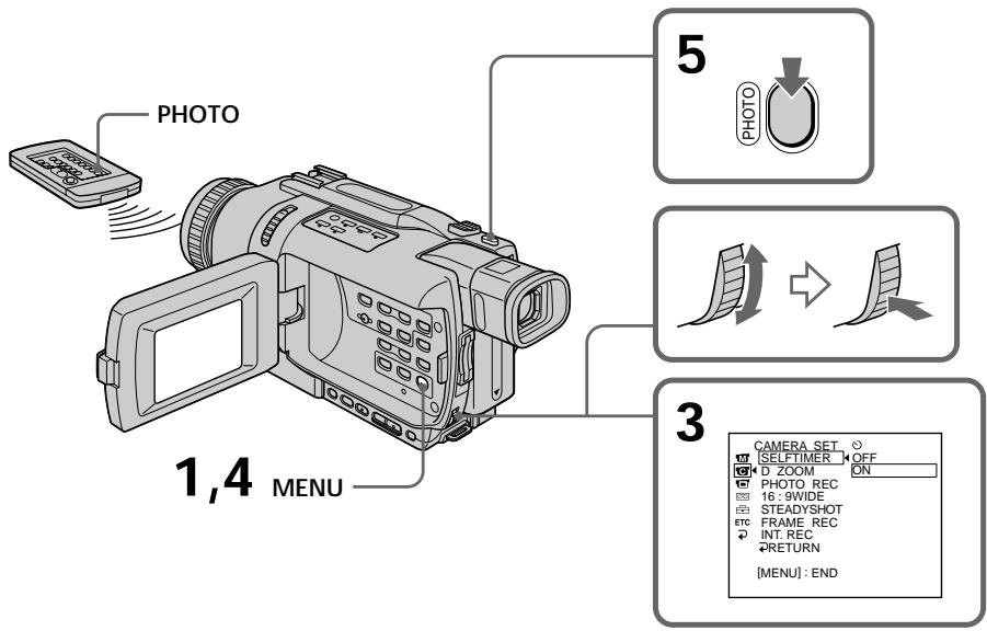PHOTO 1,4 MENU 5 PHOTO CAMERA SET ○ SELFTIMER OFF D ZOOM ON PHOTO REC 16:WIDE STEADYSHOT FRAME REC INT. REC RETURN [MENU]: END