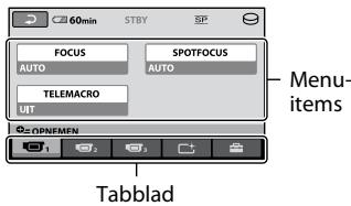 60min STBY SP FOCUS SPOTFOCUS AUTO AUTO TELEMACRO UT Menu-items OPDNEMEN Tabblad