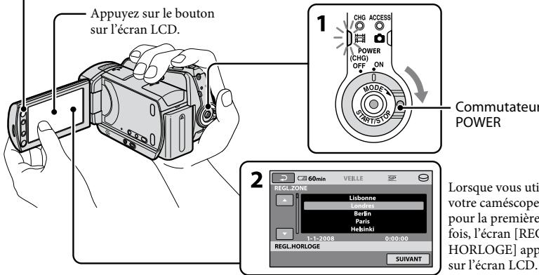 Appuyez sur le bouton sur l'écran LCD. 1 CHG ACCESS POWER (CHG) OFF ON MODE TOMMISTICS Commutateur POWER 2 60min VELLE SP Lorsque vous util votre caméscope pour la première fois, l'écran [REG HORLOGE] appu- sur l'écran LCD. REGL.ZONE Lisbonne London Berlin Paris Helsinki 1:1-2008 0:00:00 REGL.HORLOGE SUIVANT