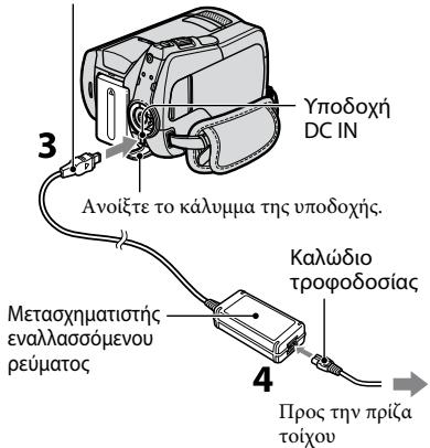 Υποδοχή DC IN Ανοίξτε το κάλυμμα της υποδοχής. Καλώδιο τροφοδοσίας Μετασχηματιστής εναλλασσόμενου ρεύματος 4 Προς την πρίζα τοίχου