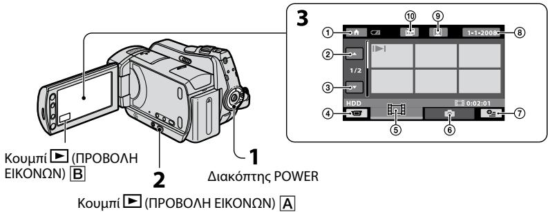 Kouμπί ▶ (ΠΡΟΒΟΛΗ ΕΙΚΟΝΩΝ) B 1 2 Διακόπτης POWER Kouμπί ▶ (ΠΡΟΒΟΛΗ ΕΙΚΟΝΩΝ) A 3 ① ② ③ ④ ⑤ ⑥ ⑦ ⑧ ⑨ 1:1-200℃ HDD 0:02:01