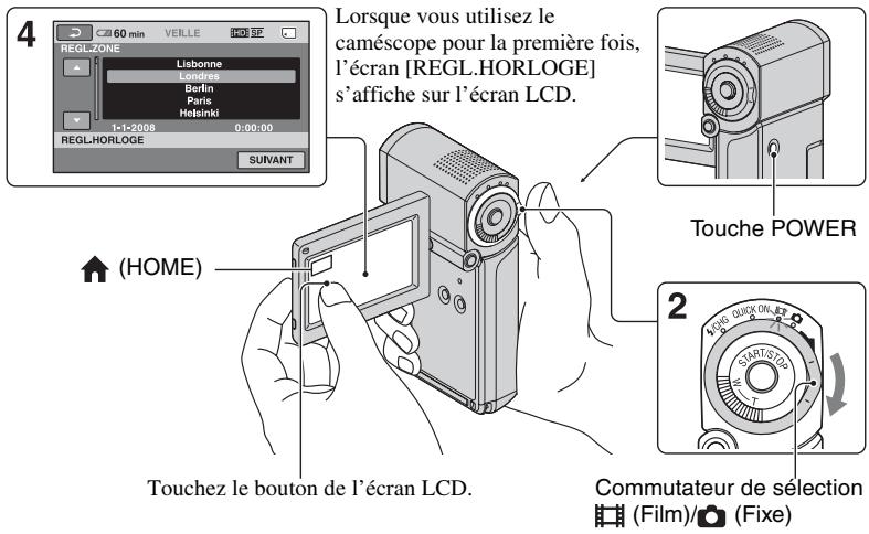 Lorsque vous utilisez le caméscope pour la première fois, l'écran [REGL.HORLOGE] s'affiche sur l'écran LCD. Touche POWER Touchez le bouton de l'écran LCD. Commutateur de sélection (Film)/ (Fixe)