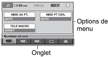 60 min VEILLE MISE AU PT. MISE PT CEN. AUTO AUTO TELE MACRO ARRET Options de menu Onglet