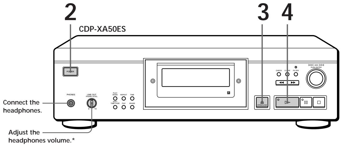 2 CDP-XA50ES 3 4 POWERS PHONES LINE OUT PHONE LEVEL 0-10 PLAY MODE REPEAT TRAF OUT TRAF FADE FILE ERASE Connect the headphones. Adjust the headphones volume.* CHECK CLEAR FILTER OKD AND OKI PUSH ENTER OPEN/CLOSE