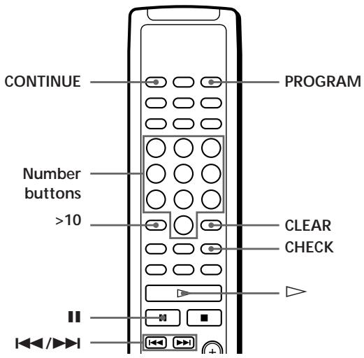 CONTINUE PROGRAM Number buttons >10 CLEAR CHECK < 1 Create your programme (for side A when recording on a tape) while checking the total playing time indicated in the display. See “Creating Your Own Programme” on page 14. 2 When you record on both sides of the tape, press 📄 to insert a pause. The “P” indication appears in the display and the playing time is reset to “0.00.” When you record on one side of the tape or on a DAT or MD, skip this step and go to Step 4. A pause is counted as one track You can programme up to 23 tracks when you insert a pause. 3 Repeat Step 1 to create the programme for side B. 4 Start recording on the deck and then press ▷ on the player. When you record on both sides of the tape, the player pauses at the end of the programme for side A. 5 When you record on side B, reverse the tape and press ▷ or □ on the player to resume playing. To check and change your programme See pages 15 and 16. “SIDE-A” appears while checking the programme for side A and “SIDE-B” while checking the programme for side B. You can automatically insert a blank space of 3 seconds between each track Use the Auto Space function (see page 21). Recording a CD by Specifying Tape Length (Time Edit/Just Edit) You can have the player create a programme that will fit the length of the tape. Select one of the following options: Time Edit: automatically creates a programme, keeping the original order of the disc. Just Edit: automatically arranges the track order to fit the tape length. The programme can contain up to 24 tracks (a pause inserted between tracks is counted as one track). Note that tracks whose numbers are over 24 cannot be programmed. text_image CDP-XA50ES EDIT/TIME FADE PLAY MODE AMS