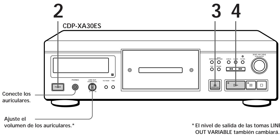 2 CDP-XA30ES 3 4 Conecte los auriculares. Ajuste el volumen de los auriculares.* * El nivel de salida de las tomas LINE OUT VARIABLE también cambiará.