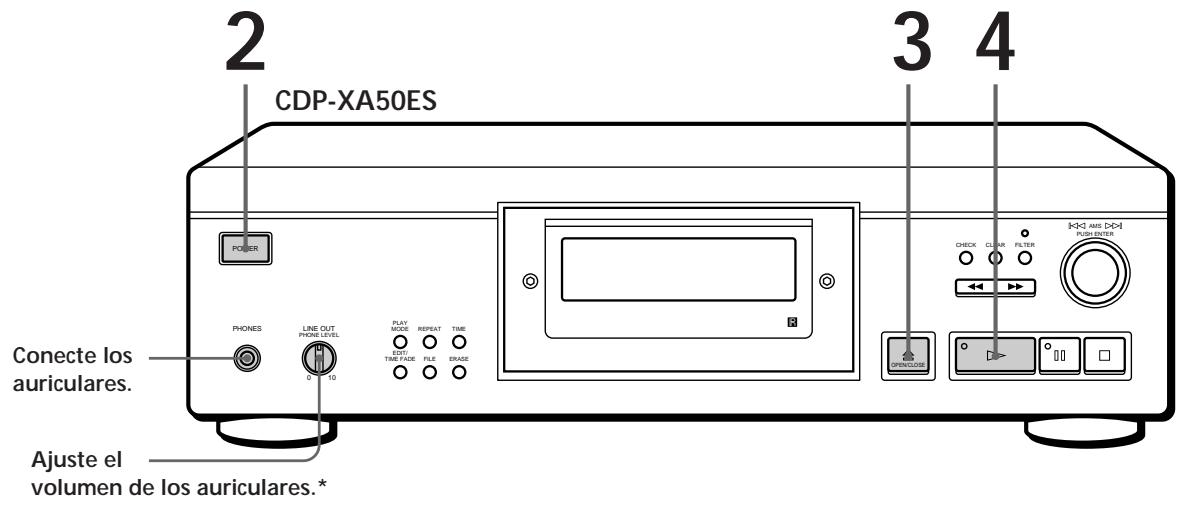2 CDP-XA50ES 3 4 POWERS PHONES LINE OUT PHONE LEVEL 0-10 PLAY MODE RESET TRAF FACE REPEAT FIRE GRADE I/O BOX ONEX CLEUR FILTER PUSH ENTER OFFCOISES Ajuste el volumen de los auriculares.* Conecte los auriculares. Ajuste el volumen de los auriculares.*