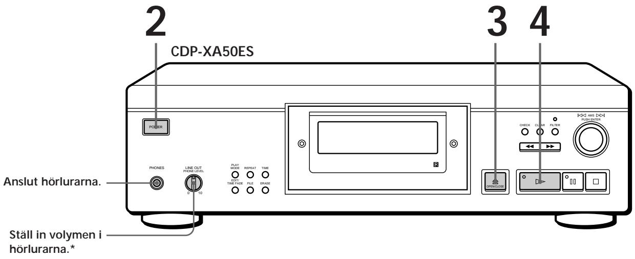 2 CDP-XA50ES 3 4 POWER PHONES LINE OUT PHONE LEVEL PLAY MODE REPEAT TIME OUT TIME FADE FILE ERASE Anslut hörlurarna. STäll in volymen i hörlurarna.* CHECK CLEAR FILTER KKG HMI DOH PUSH ENTER OPENCLOSE