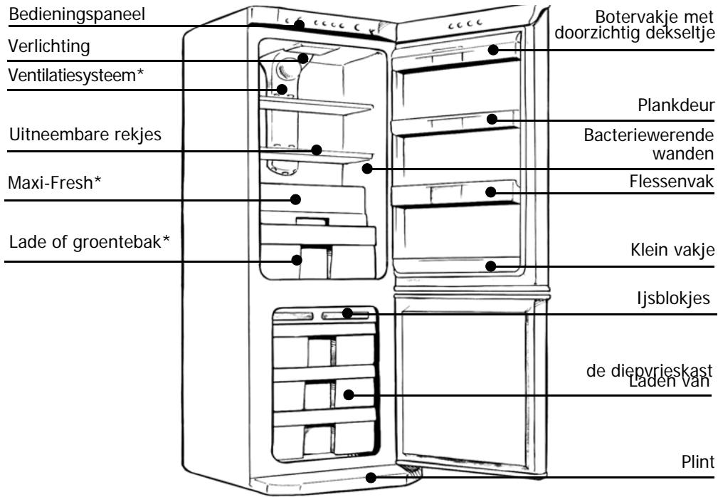Bedieningspaneel Verlichting Ventilatiesysteem* Uitneembare rekjes Maxi-Fresh* Lade of groentebak* Botervakje met doorzichtig dekseltje Plankdeur Bacteriewerende wanden Flessenvak Klein vakje Ijsblokjes de diepvrieskast Laden van Plint