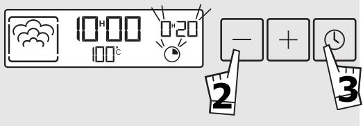 Diagram showing weather control panel with cloud, temperature display, alarm, and three buttons labeled 2, 3, and plus/minus signs