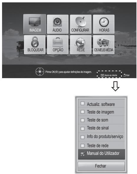 IMAGEM ÁUDIO CONFIGURAR HORAS BLOQUEAR OPÇÃO REDE OS MEUS MÉDIA Prima OK(@) para ajustar definções de imagem. Aplica an diente Sar Actualiz. software Teste de imagem Teste de som Teste de sinal Info do produto/serviço Teste de rede Manual do Utilizador Fechar