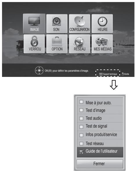IMAGE SON CONFIGURATION HEURE VERROU OPTION RESEAU MES MÉDIAS OK(©) pour définir les paramètres d'image. Support technique Surle Mise à jour auto. Test d'image Test audio Test de signal Infos produit/service Test réseau Guide de l'utilisateur Fermer